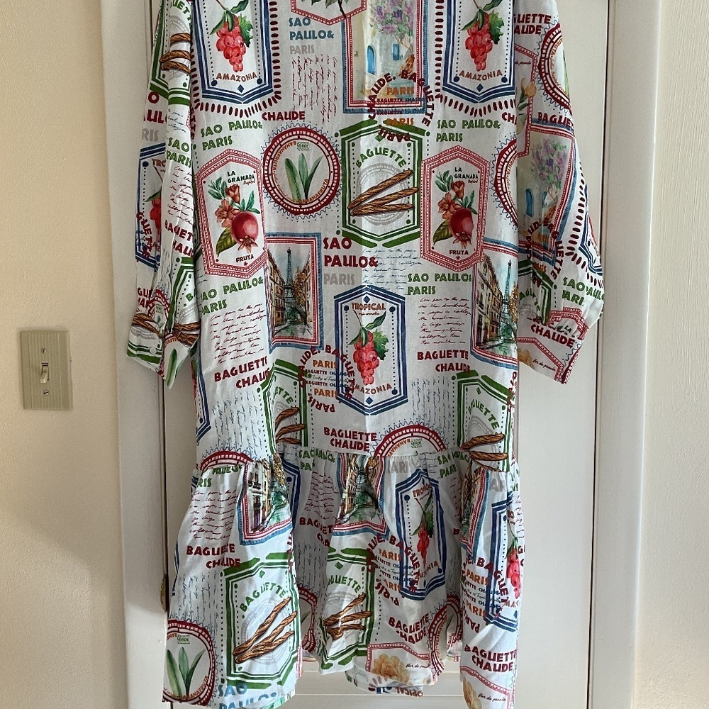 NWT MAISON D'AMELIE Linen Blend Tile Print Long Sleeve Dress With Pockets US L - Picture 3 of 10